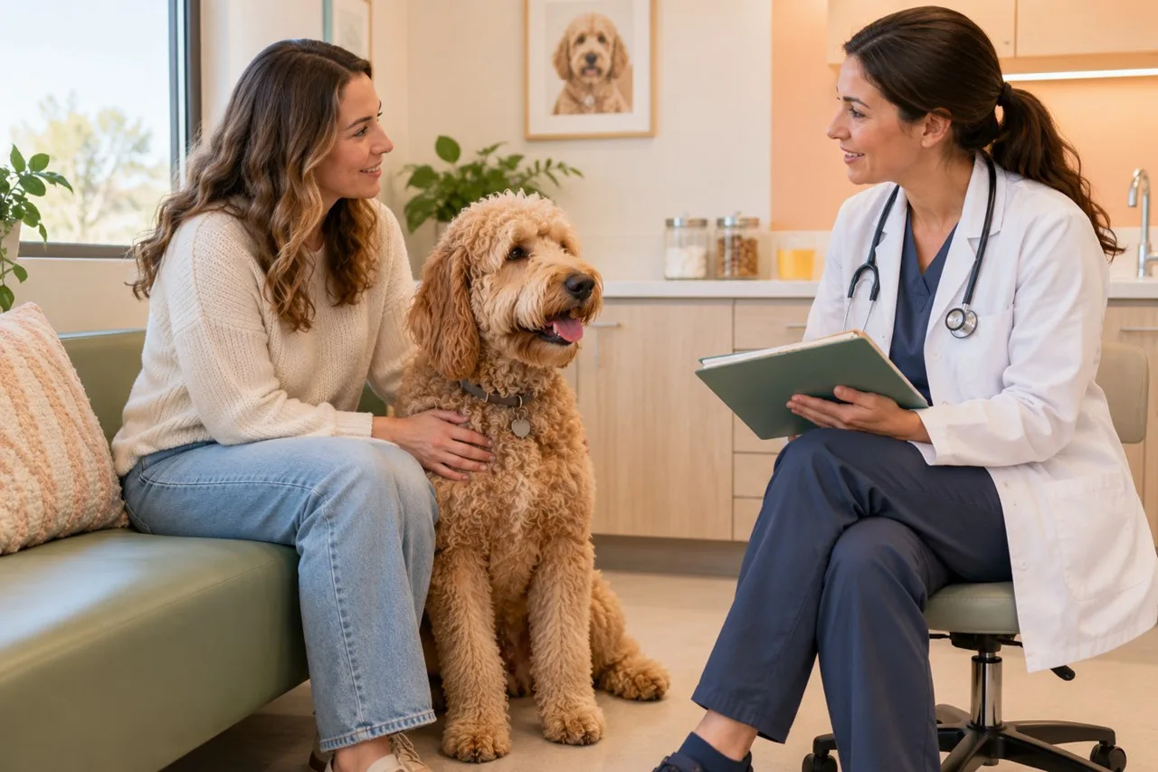 Owner speaking with a veterinarian holding a folder beside a curly-coated dog